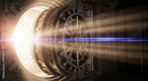 Mysterious glowing vault door opening with bright light beams.