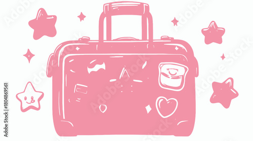 A cute pink suitcase adorned with various travel stickers and surrounded by sparkling stars, set against a clean white background.
