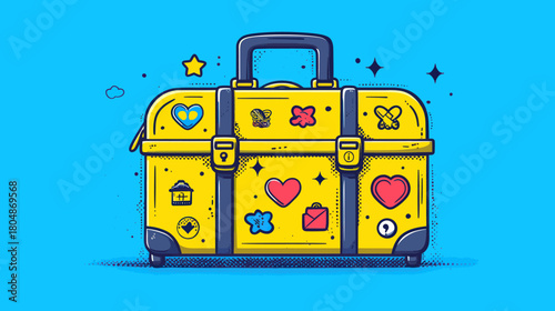 A vibrant yellow cartoon suitcase adorned with various colorful stickers, set against a bright blue background, depicting travel and personal journey.