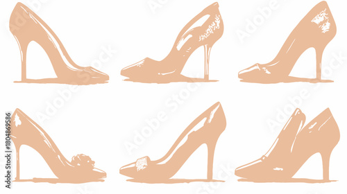 Six light peach colored high-heeled women's shoes, including pumps with various designs and embellishments, arranged in two rows on a white background.
