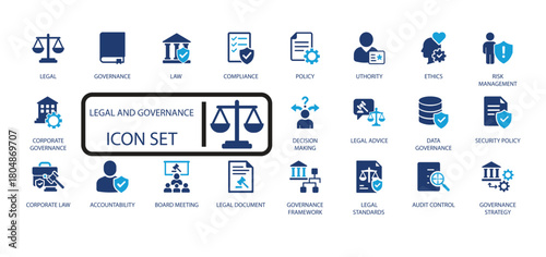 Law, Governance, and Compliance icon set. Perfect for legal, audit, risk management, and regulatory documentation design.