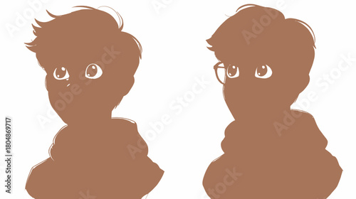 Two cartoonish brown silhouettes of young people, one with glasses, against a white background, showing only their expressive eyes.