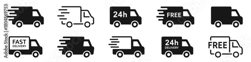 Fast delivery icon set. Free shipping, express delivery, 24 hours, fast van. Truck symbol on white background - stock vector.