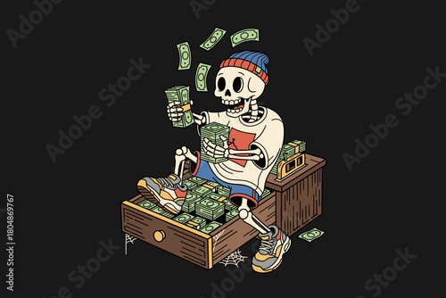 Skeleton counting money and throwing cash in the air.