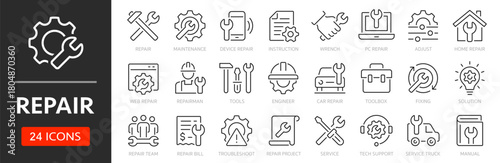 Repair line icon set. Editable Stroke. Maintenance, wrench, fixing, service, tools, repairman, engineer, troubleshoot - stock vector.