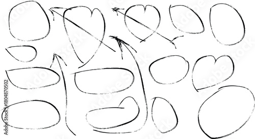 A versatile set of hand-drawn sketch elements featuring grunge-style arrows, hearts, and speech bubbles for creative design projects