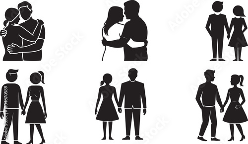 Silhouette collection of couples in love and holding hands moments