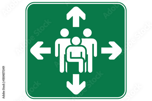 Green sign depicting people and directional arrows for accessibility and evacuation.