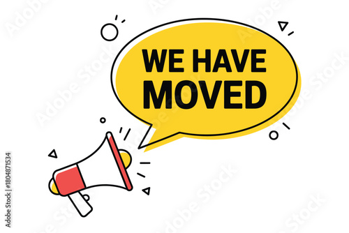 A megaphone announces "We have moved" in a yellow speech bubble.