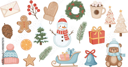 Cozy Christmas winter vector set with snowman, wreath, gifts, pine branches, gingerbread cookies, sleigh, warm clothes and festive decorations