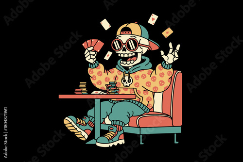 Skeleton playing cards at a table with a cool outfit.