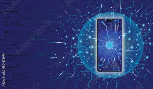 Mobile phone technology concept with glowing mobile phone icon in the center, electronic circuit pattern on the surface and surrounded by circuit pattern on dark black background.