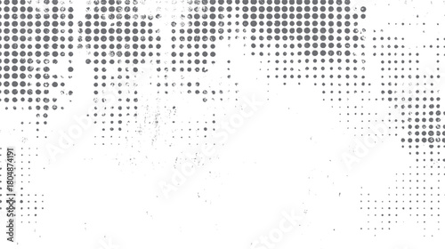 Gray circular dots arranged in irregular patterns on a white background with some scattered smaller dots and textured areas