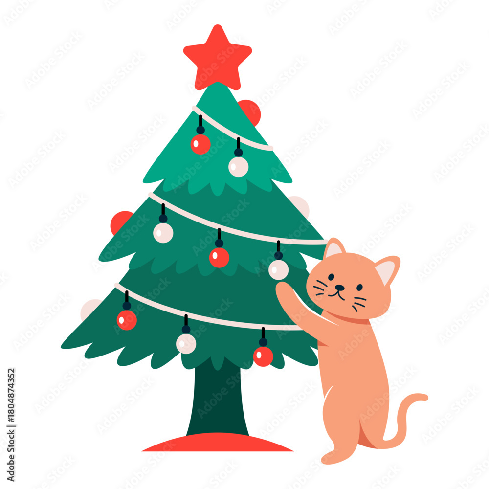 Fototapeta premium This cat reaching a bauble illustration is suitable for Christmas Cat.