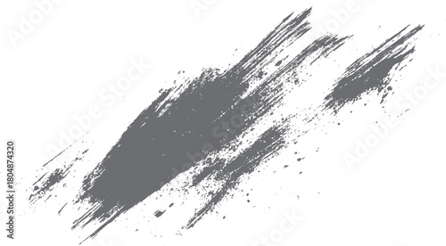 Gray abstract brush stroke texture with splatters and rough edges on a white background black