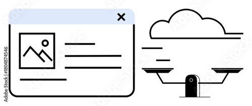 Browser window with multimedia content aligns with balanced scales and cloud, symbolizing information structuring, cloud synchronization, privacy, decision-making, and balance. Ideal for technology