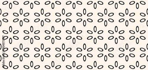 Simple vector floral geometric ornament. Black and white seamless pattern with abstract flowers, leaves in oriental style. Luxury minimal background. Monochrome geo texture. Repeating modern design