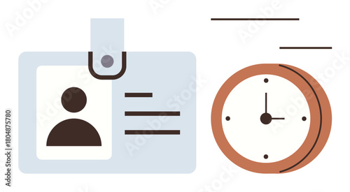 ID card with a photo and details beside a classic round clock symbolizing work identity, punctuality, and productivity. Ideal for office culture, attendance, deadlines, organization, workforce, HR