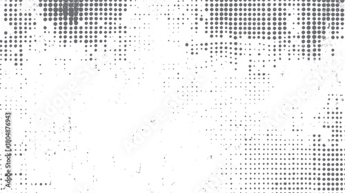 Grey halftone dots and speckles on a white textured background with distressed elements circles