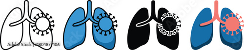 A versatile set of vector icons illustrating lungs infected by a coronavirus, presented in line drawing, silhouette, and colored styles for medical and health concepts