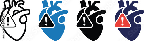 Heart health warning icon set for cardiovascular disease risk, heart attack prevention, and urgent medical alert symbols, representing potential cardiac issues with a clear, impactful visual indicator