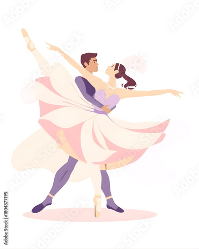 Pas de Deux duo ballet flat vector illustration, male and female dancers in synchronized pose, graceful motion, pastel palette