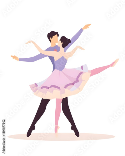 Pas de Deux duo ballet flat vector illustration, male and female dancers in synchronized pose, graceful motion, pastel palette