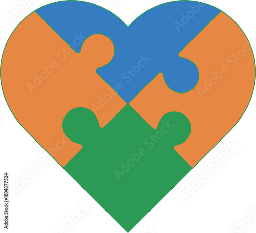 A colorful heart-shaped jigsaw puzzle made of four interlocking pieces, symbolizing love, unity, and the perfect connection of teamwork and relationships