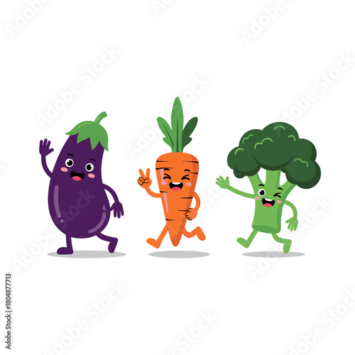 Cute cartoon vegetables, eggplant, carrot, and broccoli running and waving cheerfully.