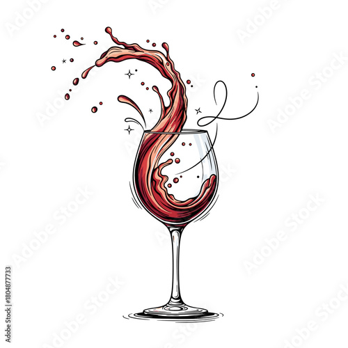 Artistic illustration of red wine splashing out of a wine glass with a swirling motion.