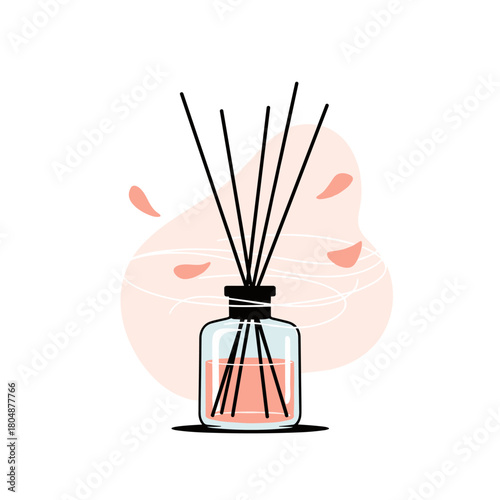 A minimalist illustration of a reed diffuser with pink liquid and scattered petals.