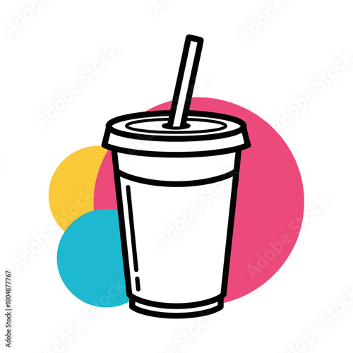 Illustration of a cup with a straw and colorful circles in the background.