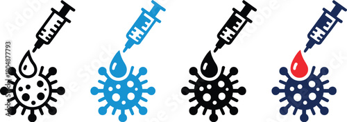 Vector icons representing vaccination and medical treatment against a virus, featuring syringes injecting protective doses, symbolizing global health initiatives and immunity