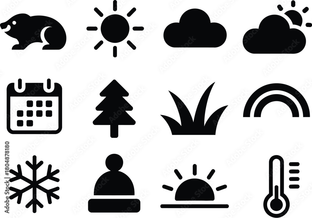 Fototapeta premium Weather and Nature Icons Sun, Clouds, Trees, and More - A Set of Black Silhouettes for Design
