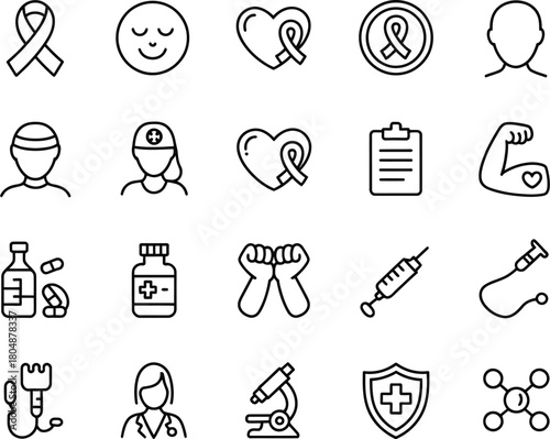 Healthcare and Awareness Line Icons Featuring symbols for medical support, patient well-being, scientific research, and health awareness campaigns