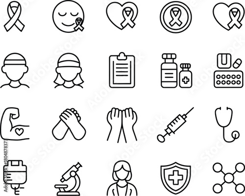 Charity and Healthcare Icon Set Ribbon, Support, and Medical Symbols in Black and White