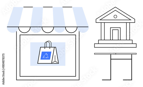 Storefront display featuring a recycling bag and a government institution icon. Ideal for sustainability, retail, policy, eco-commerce, responsibility, environmental impact, simple flat metaphor