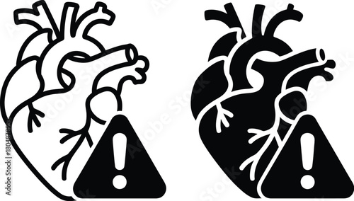 Anatomical heart with warning sign icon set. Line drawing and glyph vector illustration of heart disease, cardiac risk, and health alert with an exclamation mark
