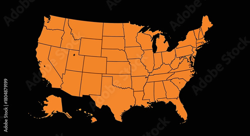 Orange map of the United States of America with individual state borders on a black background, including Alaska and Hawaii.
