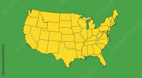 Stylized yellow map of the contiguous United States on a plain green background, showing all lower 48 states.
