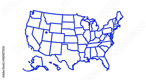 Blue outline map of the United States, including Alaska and Hawaii, with individual state borders visible and a dot in Nevada.