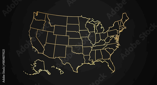 A golden outline map of the United States of America, including Alaska and Hawaii, on a dark background.