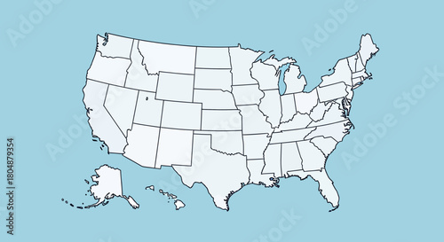 A detailed political map of the United States of America showing all 50 states and their geographical borders.