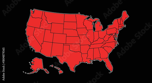 Red map of the United States of America with all states outlined on a black background.