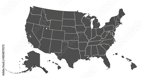 A gray silhouette map of the United States of America against a plain white background.	