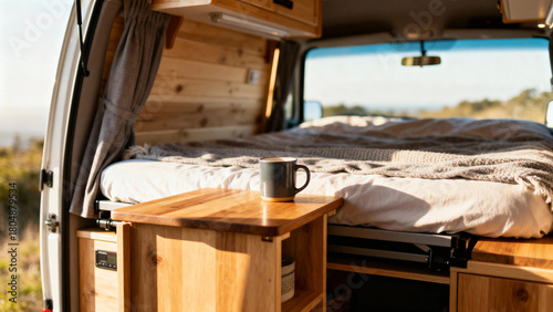 Interior of a converted camper van with wooden furnishings, bed, and coffee mug on a table