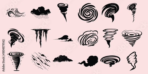 Collection of Black and White Weather and Storm Icons on Pink Background