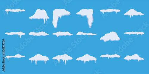 Collection of Cartoon Snow Drifts and Icicles on a Blue Background