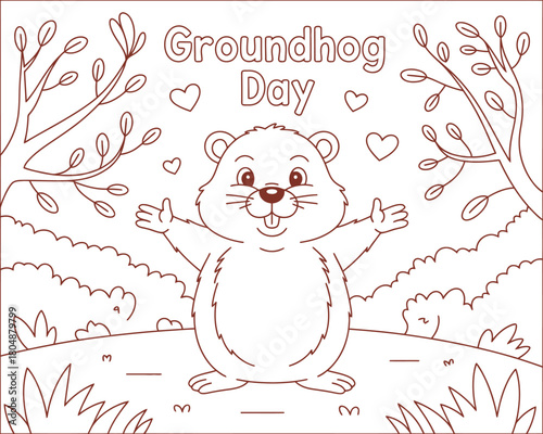 Groundhog Day Celebration A Cheerful Groundhog with Open Arms, Hearts, and Festive Trees in a Joyful Setting