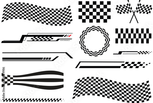 Collection of Racing Flags and Sport Decals with Checkered Patterns